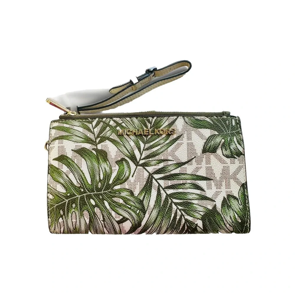 Michael Kors Jet Set Travel Double Wristlet Wallett Palm Leaf Monstera Leaf
